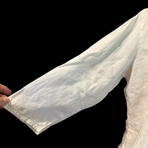 Saint Tropez West 100% Linen Size Med White Tunic Crochet V Neck Boho Chic Beach - Picture 7 of 10